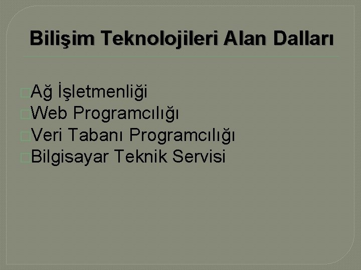 Bilişim Teknolojileri Alan Dalları �Ağ İşletmenliği �Web Programcılığı �Veri Tabanı Programcılığı �Bilgisayar Teknik Servisi