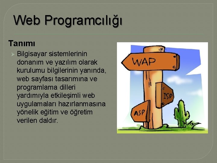 Web Programcılığı Tanımı Ø Bilgisayar sistemlerinin donanım ve yazılım olarak kurulumu bilgilerinin yanında, web