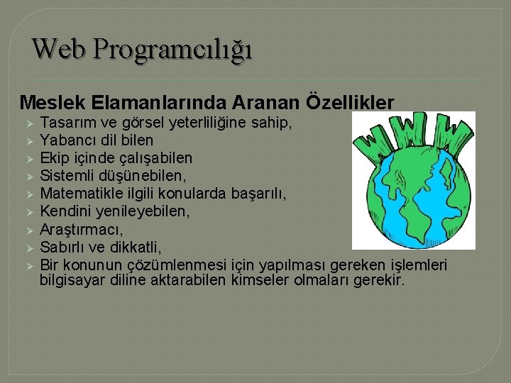 Web Programcılığı Meslek Elamanlarında Aranan Özellikler Ø Ø Ø Ø Ø Tasarım ve görsel