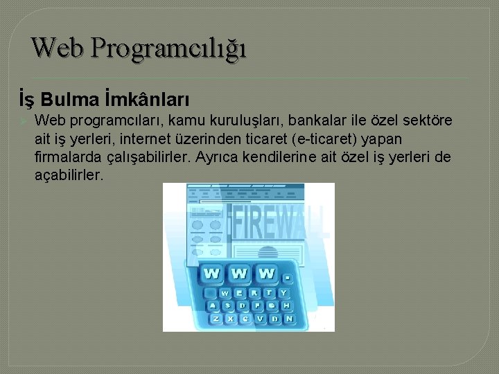 Web Programcılığı İş Bulma İmkânları Ø Web programcıları, kamu kuruluşları, bankalar ile özel sektöre