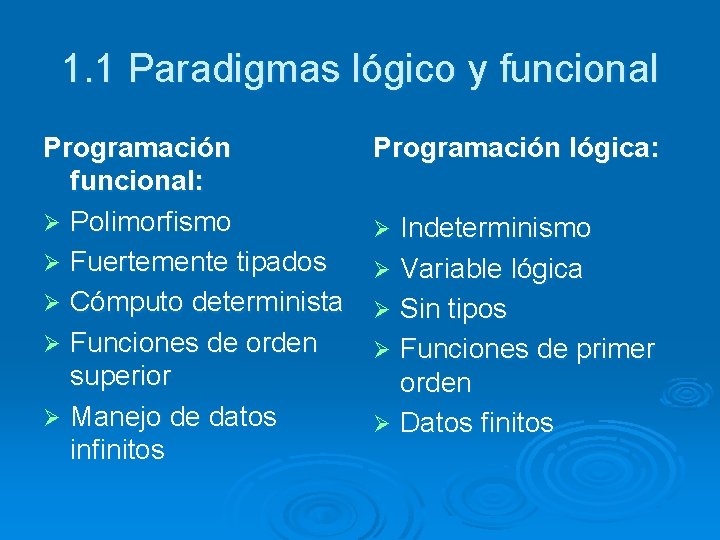 1. 1 Paradigmas lógico y funcional Programación funcional: Ø Polimorfismo Ø Fuertemente tipados Ø