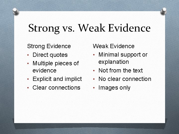 Strong vs. Weak Evidence Strong Evidence • Direct quotes • Multiple pieces of evidence
