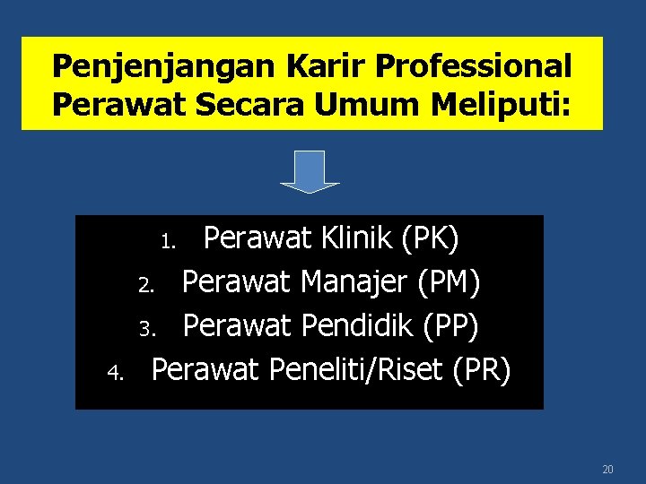 Penjenjangan Karir Professional Perawat Secara Umum Meliputi: Perawat Klinik (PK) 2. Perawat Manajer (PM)