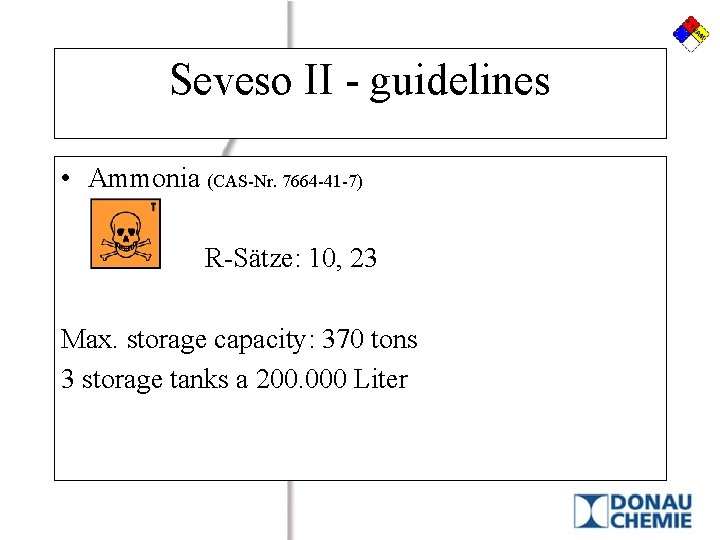 Seveso II - guidelines • Ammonia (CAS-Nr. 7664 -41 -7) R-Sätze: 10, 23 Max. Seveso II - guidelines • Ammonia (CAS-Nr. 7664 -41 -7) R-Sätze: 10, 23 Max.