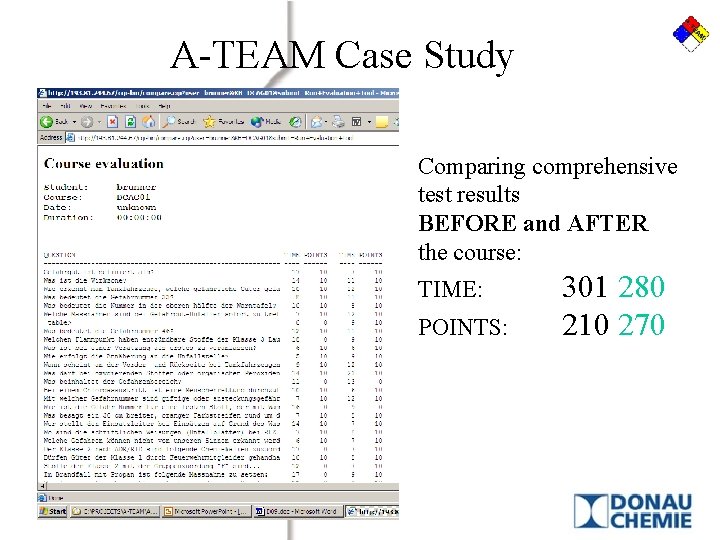 A-TEAM Case Study Comparing comprehensive test results BEFORE and AFTER the course: TIME: POINTS: