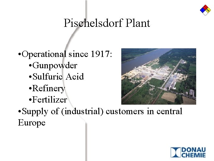 Pischelsdorf Plant • Operational since 1917: • Gunpowder • Sulfuric Acid • Refinery • Pischelsdorf Plant • Operational since 1917: • Gunpowder • Sulfuric Acid • Refinery •
