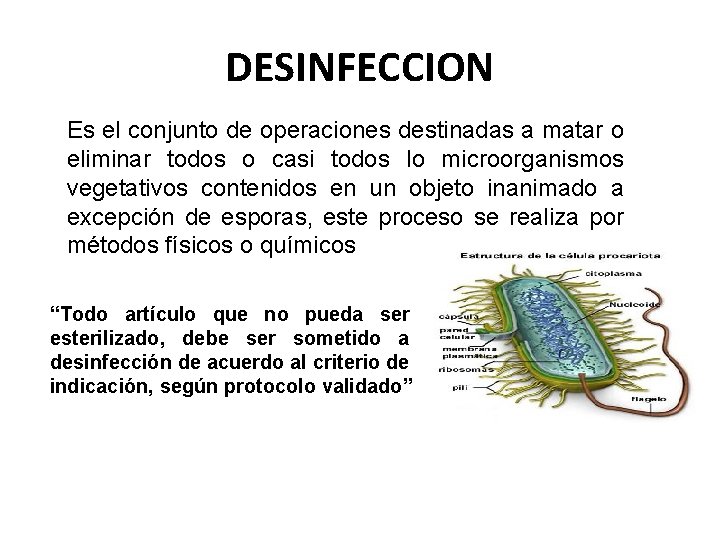 DESINFECCION Es el conjunto de operaciones destinadas a matar o eliminar todos o casi