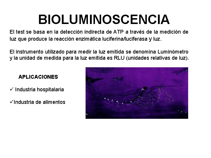 BIOLUMINOSCENCIA El test se basa en la detección indirecta de ATP a través de