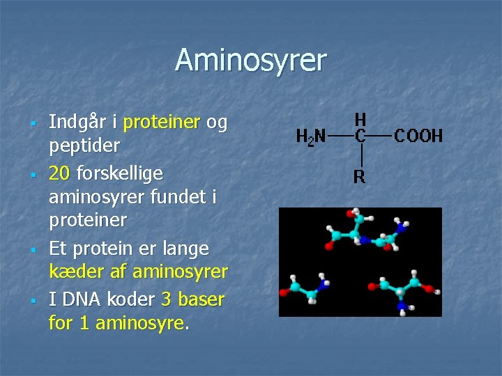 Aminosyrer § § Indgår i proteiner og peptider 20 forskellige aminosyrer fundet i proteiner