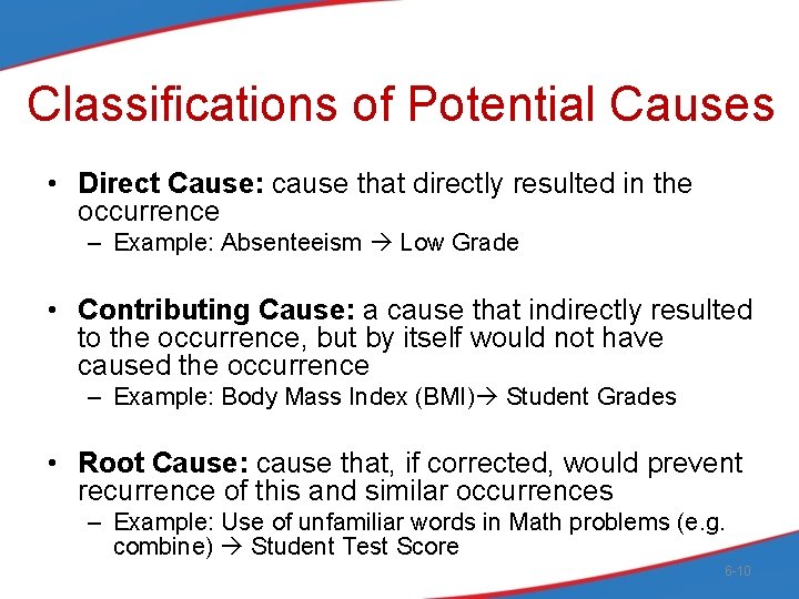 Classifications of Potential Causes • Direct Cause: cause that directly resulted in the occurrence