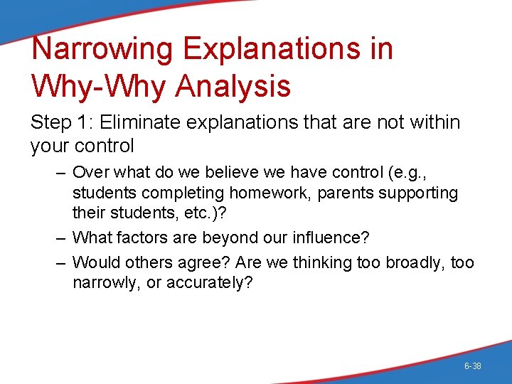 Narrowing Explanations in Why-Why Analysis Step 1: Eliminate explanations that are not within your