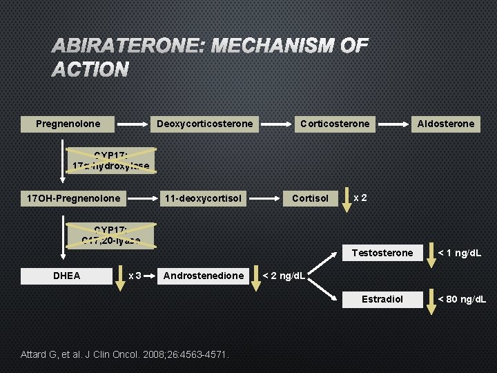 ABIRATERONE: MECHANISM OF ACTION Pregnenolone Deoxycorticosterone Corticosterone Aldosterone CYP 17: 17α-hydroxylase 17 OH-Pregnenolone 11