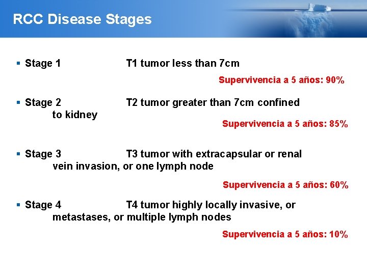 RCC Disease Stages Stage 1 T 1 tumor less than 7 cm Supervivencia a