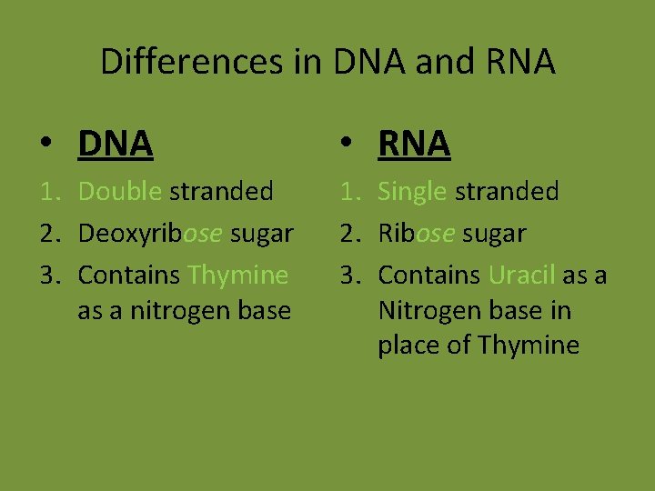 Differences in DNA and RNA • DNA • RNA 1. Double stranded 2. Deoxyribose Differences in DNA and RNA • DNA • RNA 1. Double stranded 2. Deoxyribose