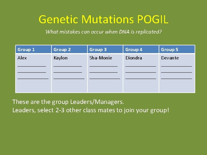 Genetic Mutations POGIL What mistakes can occur when DNA is replicated? Group 1 Group Genetic Mutations POGIL What mistakes can occur when DNA is replicated? Group 1 Group