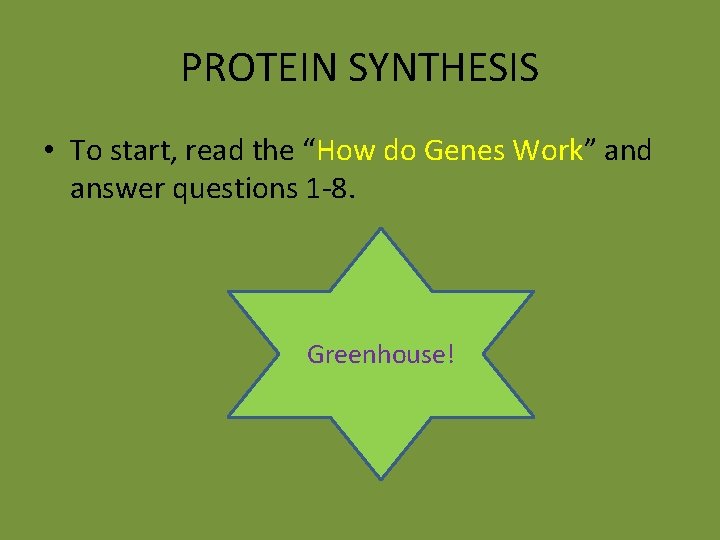 PROTEIN SYNTHESIS • To start, read the “How do Genes Work” and answer questions PROTEIN SYNTHESIS • To start, read the “How do Genes Work” and answer questions