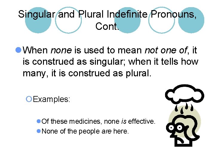 Singular and Plural Indefinite Pronouns, Cont. l When none is used to mean not