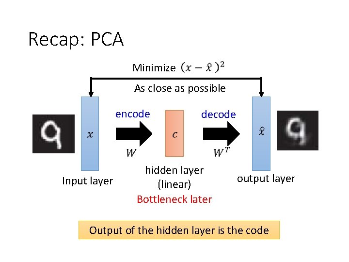 Recap: PCA Minimize As close as possible encode Input layer decode hidden layer (linear)