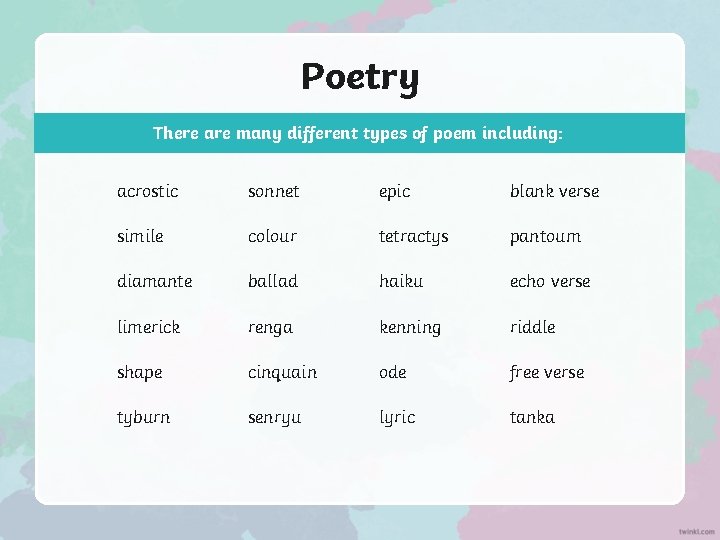 Poetry There are many different types of poem including: acrostic sonnet epic blank verse