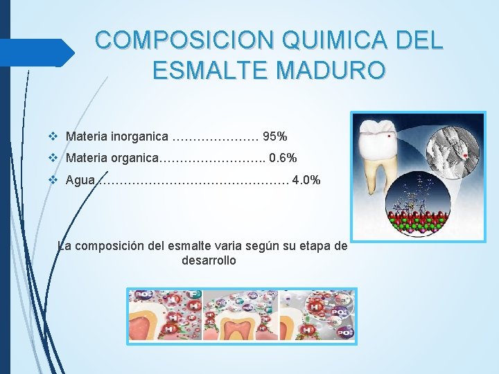 COMPOSICION QUIMICA DEL ESMALTE MADURO v Materia inorganica ………………… 95% v Materia organica…………. . COMPOSICION QUIMICA DEL ESMALTE MADURO v Materia inorganica ………………… 95% v Materia organica…………. .
