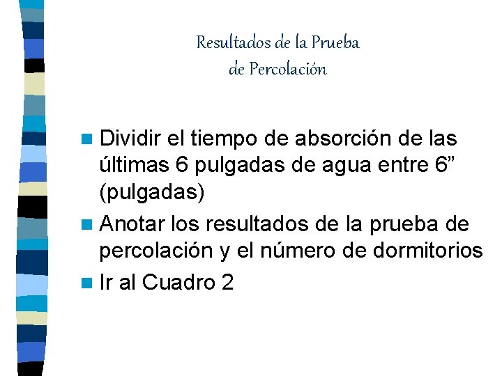 Resultados de la Prueba de Percolación n Dividir el tiempo de absorción de las