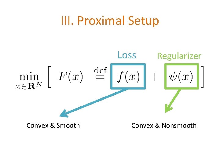 III. Proximal Setup Loss Convex & Smooth Regularizer Convex & Nonsmooth 