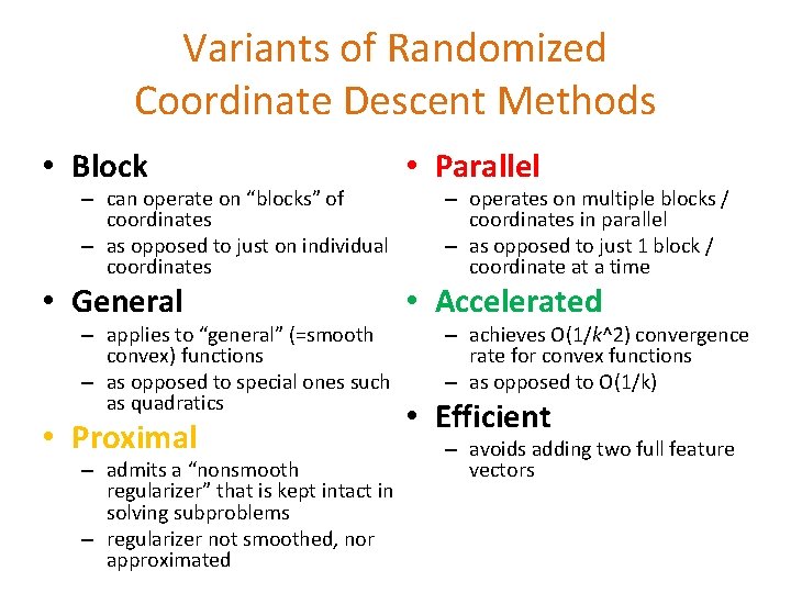 Variants of Randomized Coordinate Descent Methods • Block • Parallel • General • Accelerated