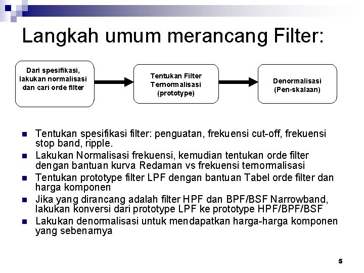 Langkah umum merancang Filter: Dari spesifikasi, lakukan normalisasi dan cari orde filter n n