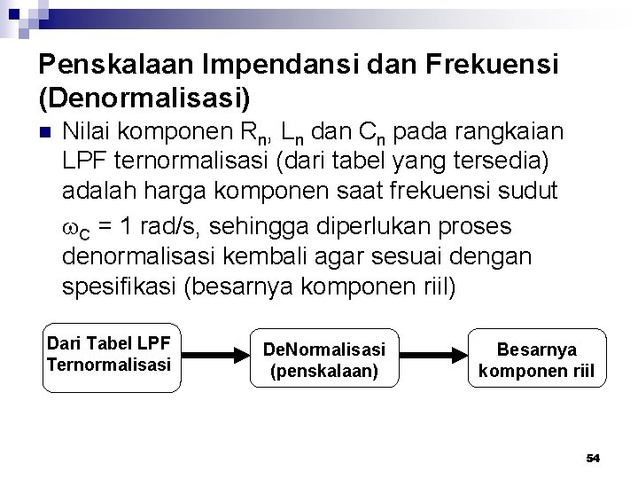Penskalaan Impendansi dan Frekuensi (Denormalisasi) n Nilai komponen Rn, Ln dan Cn pada rangkaian