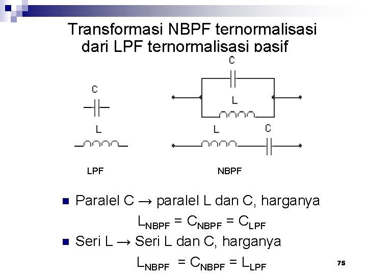 Transformasi NBPF ternormalisasi dari LPF ternormalisasi pasif LPF n n NBPF Paralel C →