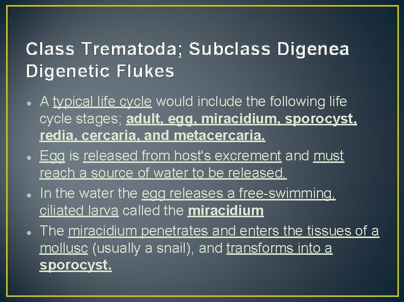 Class Trematoda; Subclass Digenea Digenetic Flukes A typical life cycle would include the following