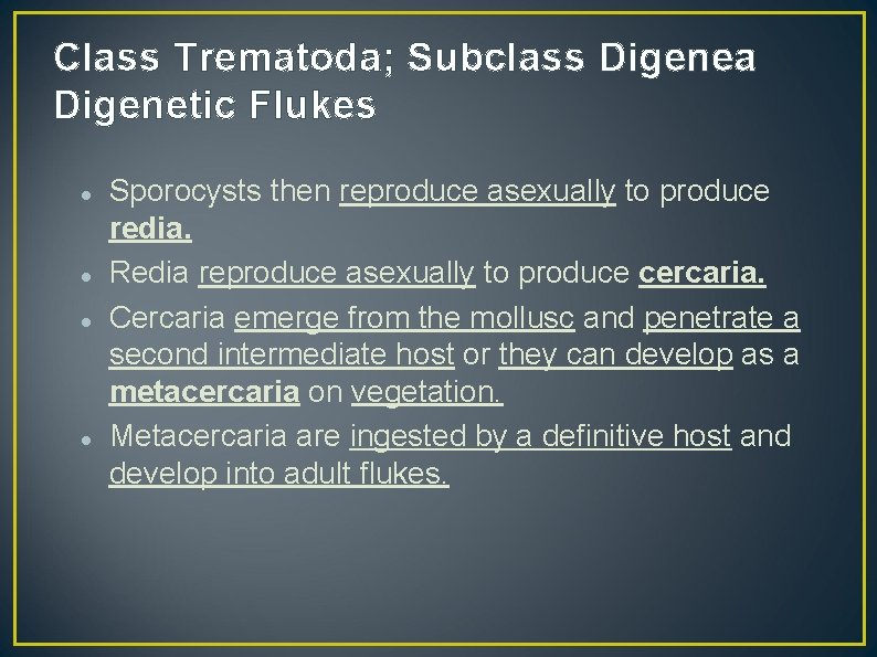 Class Trematoda; Subclass Digenea Digenetic Flukes Sporocysts then reproduce asexually to produce redia. Redia