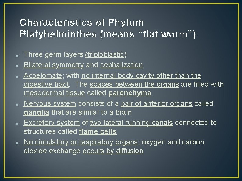 Characteristics of Phylum Platyhelminthes (means “flat worm”) Three germ layers (triploblastic) Bilateral symmetry and