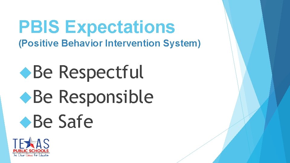 PBIS Expectations (Positive Behavior Intervention System) Be Respectful Be Responsible Be Safe 