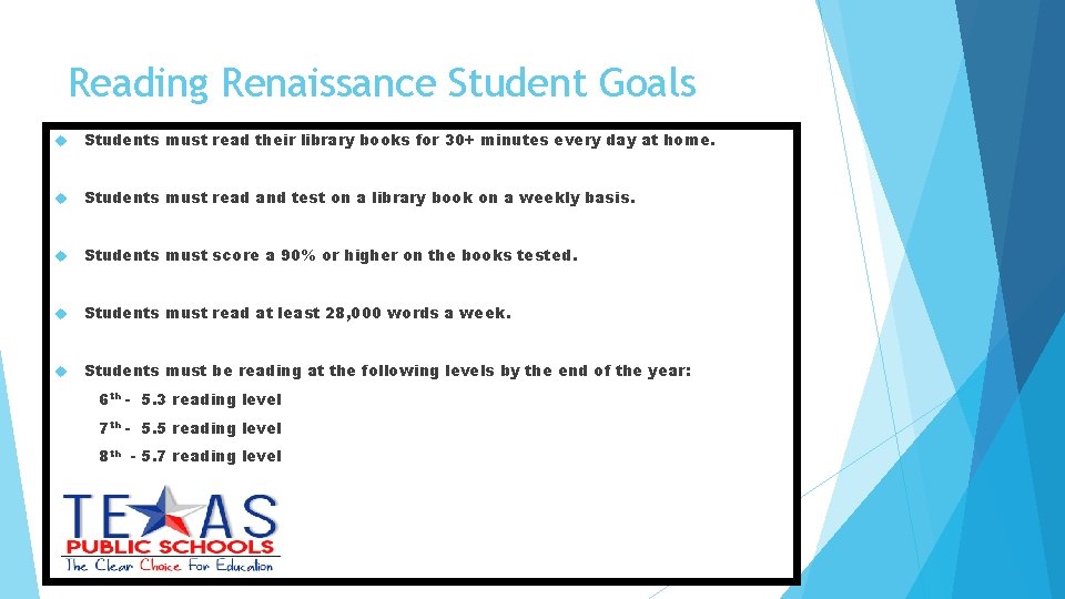 Reading Renaissance Student Goals Students must read their library books for 30+ minutes every