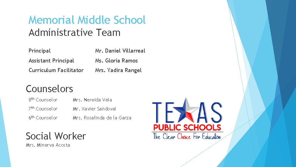 Memorial Middle School Administrative Team Principal Mr. Daniel Villarreal Assistant Principal Ms. Gloria Ramos