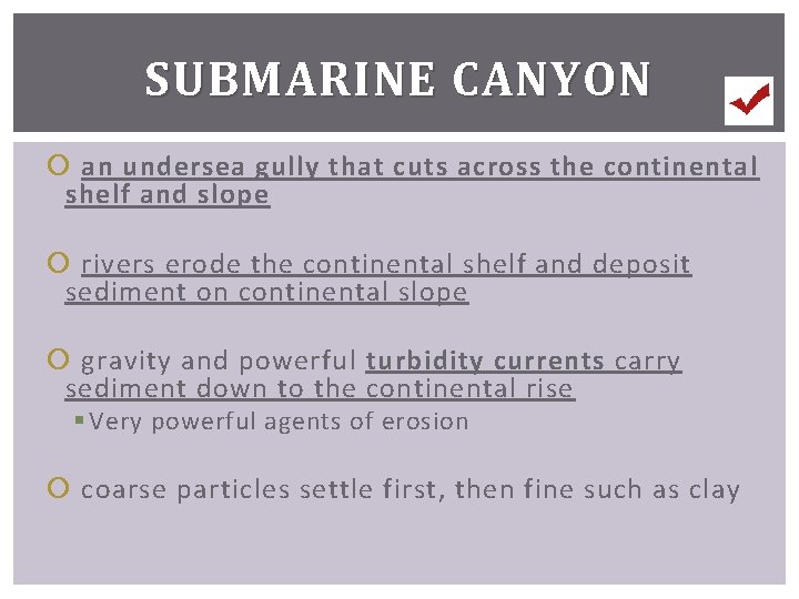 SUBMARINE CANYON an undersea gully that cuts across the continental shelf and slope rivers