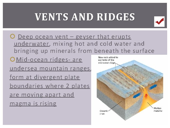 VENTS AND RIDGES Deep ocean vent – geyser that erupts underwater, mixing hot and