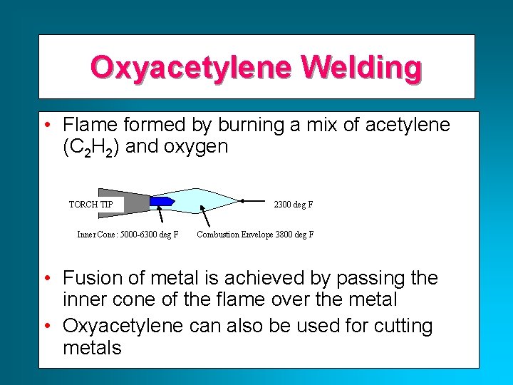 Oxyacetylene Welding • Flame formed by burning a mix of acetylene (C 2 H