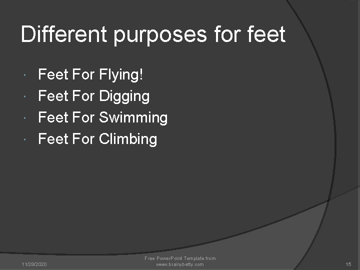 Different purposes for feet For Flying! Feet For Digging Feet For Swimming Feet For Different purposes for feet For Flying! Feet For Digging Feet For Swimming Feet For