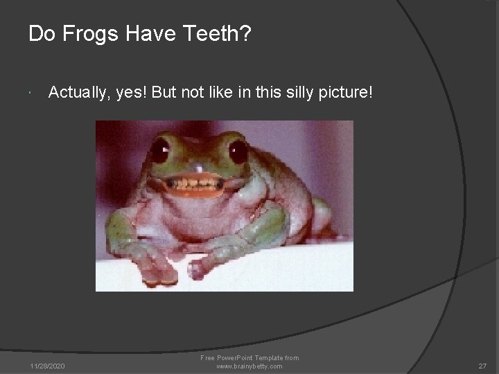 Do Frogs Have Teeth? Actually, yes! But not like in this silly picture! 11/28/2020 Do Frogs Have Teeth? Actually, yes! But not like in this silly picture! 11/28/2020
