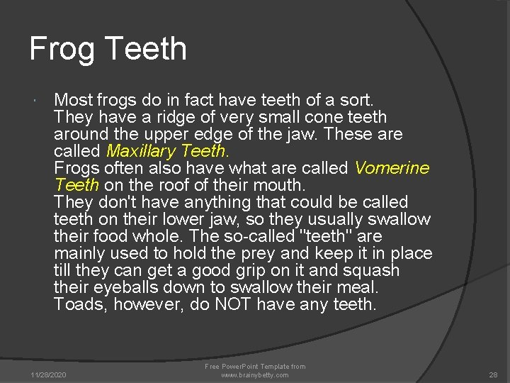 Frog Teeth Most frogs do in fact have teeth of a sort. They have Frog Teeth Most frogs do in fact have teeth of a sort. They have