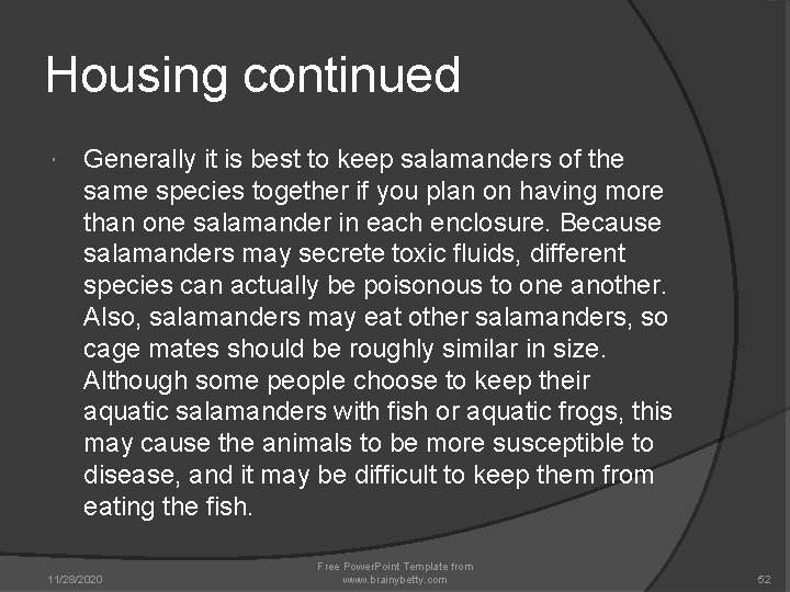 Housing continued Generally it is best to keep salamanders of the same species together Housing continued Generally it is best to keep salamanders of the same species together