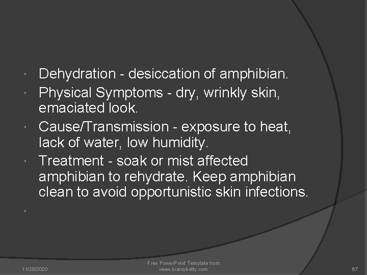 Dehydration - desiccation of amphibian. Physical Symptoms - dry, wrinkly skin, emaciated look. Cause/Transmission Dehydration - desiccation of amphibian. Physical Symptoms - dry, wrinkly skin, emaciated look. Cause/Transmission