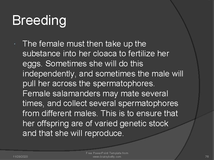 Breeding The female must then take up the substance into her cloaca to fertilize Breeding The female must then take up the substance into her cloaca to fertilize