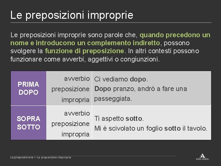 Le preposizioni improprie sono parole che, quando precedono un nome e introducono un complemento