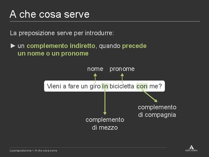 A che cosa serve La preposizione serve per introdurre: ► un complemento indiretto, quando