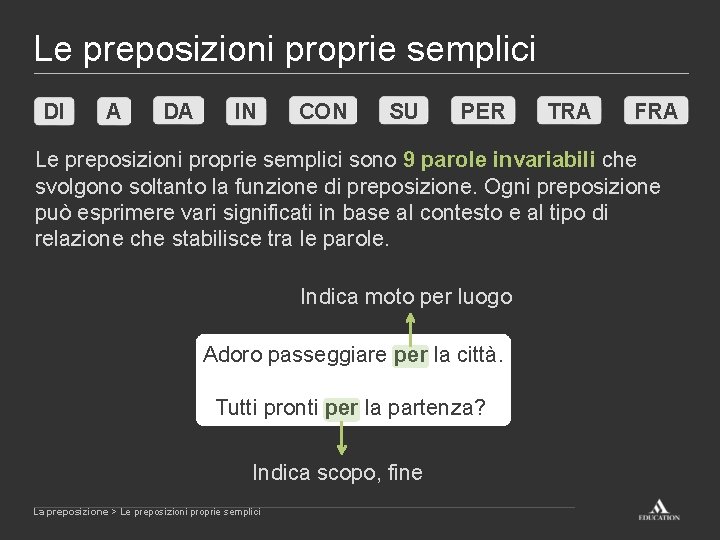 Le preposizioni proprie semplici DI A DA IN CON SU PER TRA FRA Le