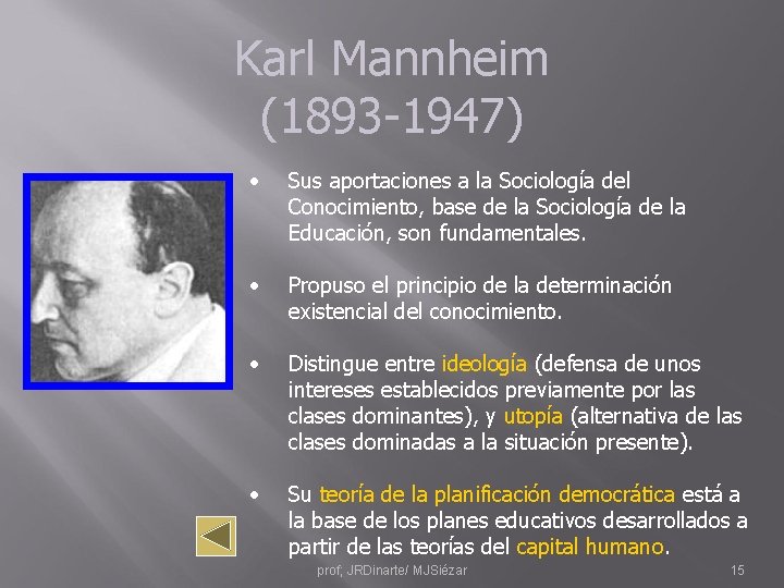 Karl Mannheim (1893 -1947) • Sus aportaciones a la Sociología del Conocimiento, base de