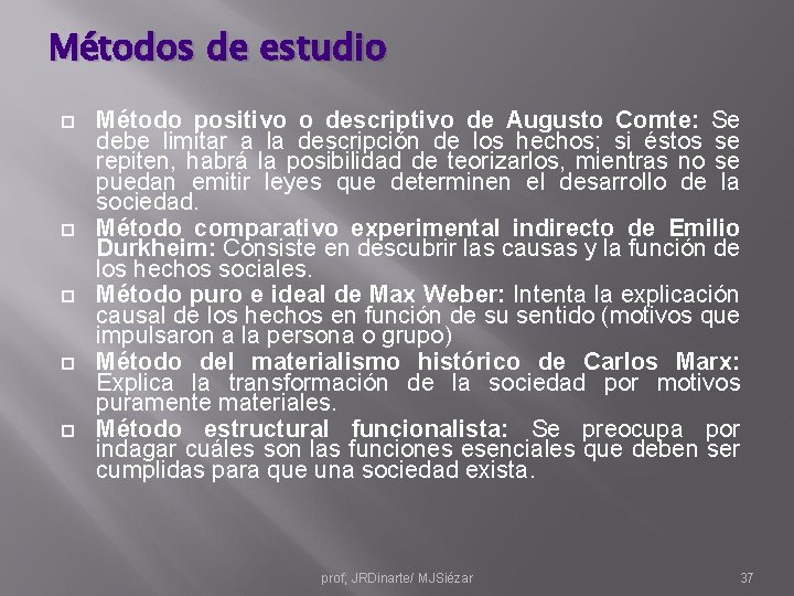 Métodos de estudio Método positivo o descriptivo de Augusto Comte: Se debe limitar a
